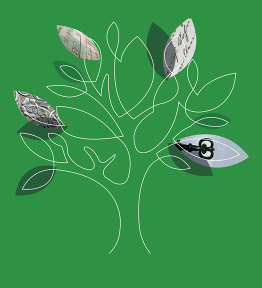 Green image with tree outline and leaves