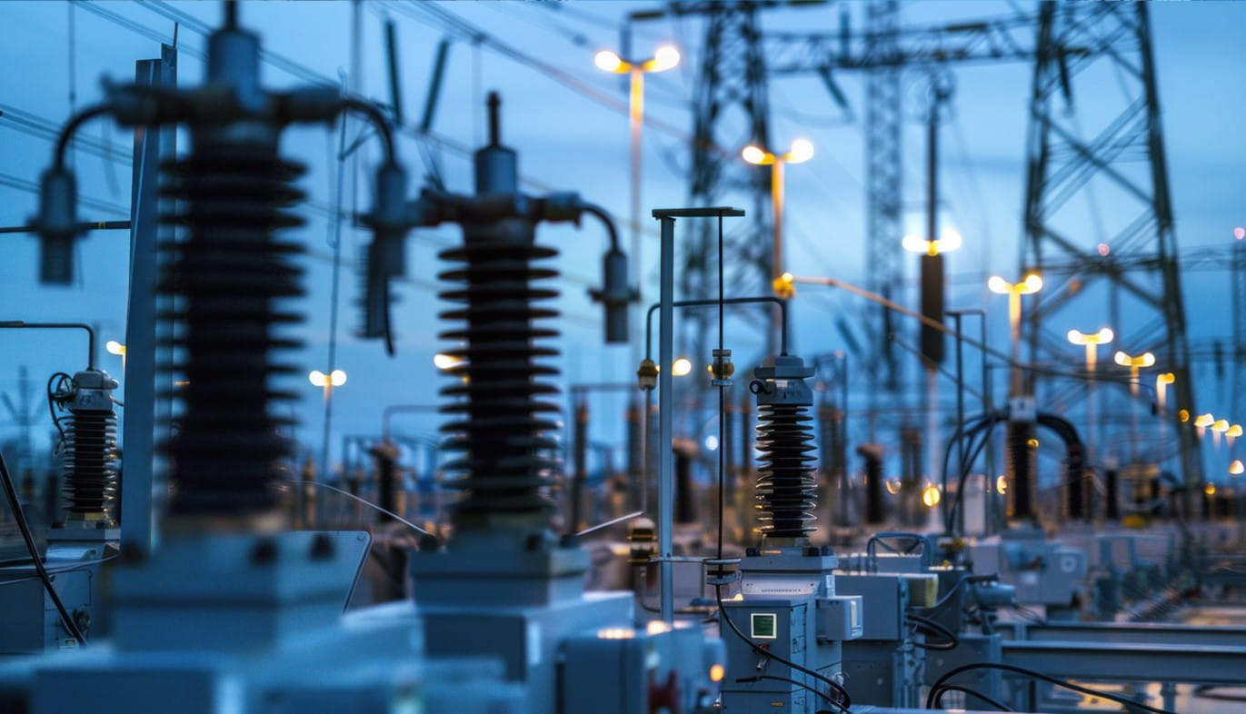 High-voltage equipment and power lines at an electric substation during dusk, illuminated by streetlights, ensuring reliable electricity transmission and distribution.