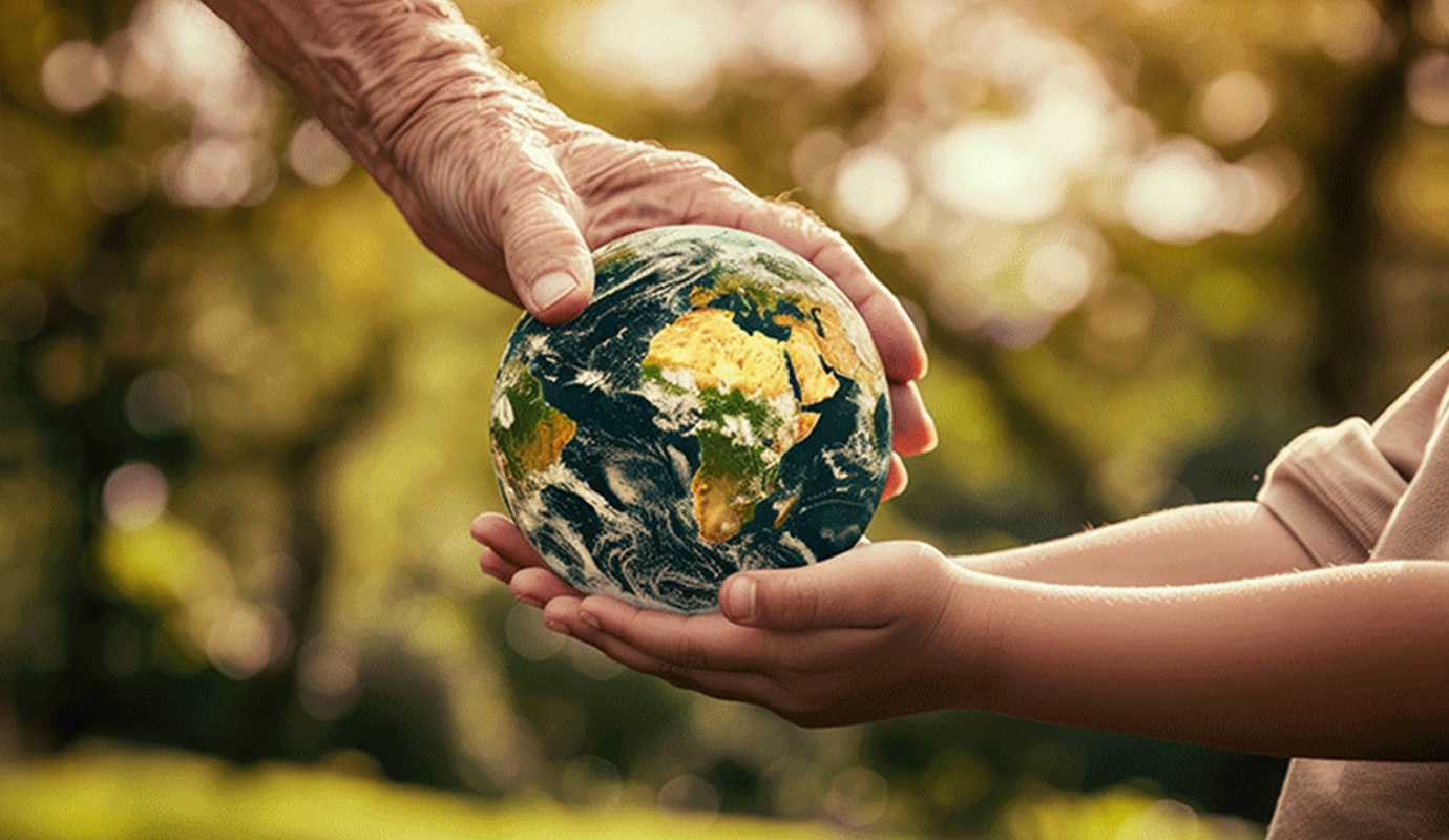 An older person's handing handing a tiny Earth to a child