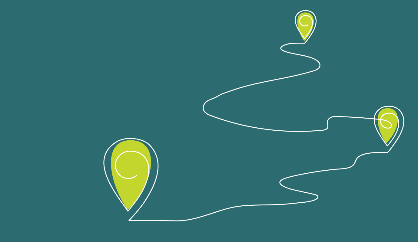 Illustration of 3 location pins connected with a meandering line