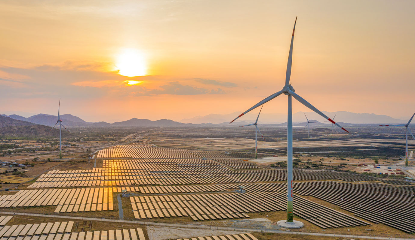 Image of clean energy, onshore wind or solar panels