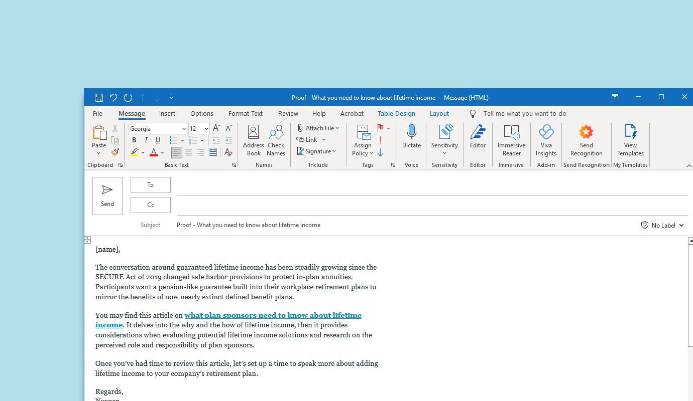Start a conversation with clients on lifetime income email template