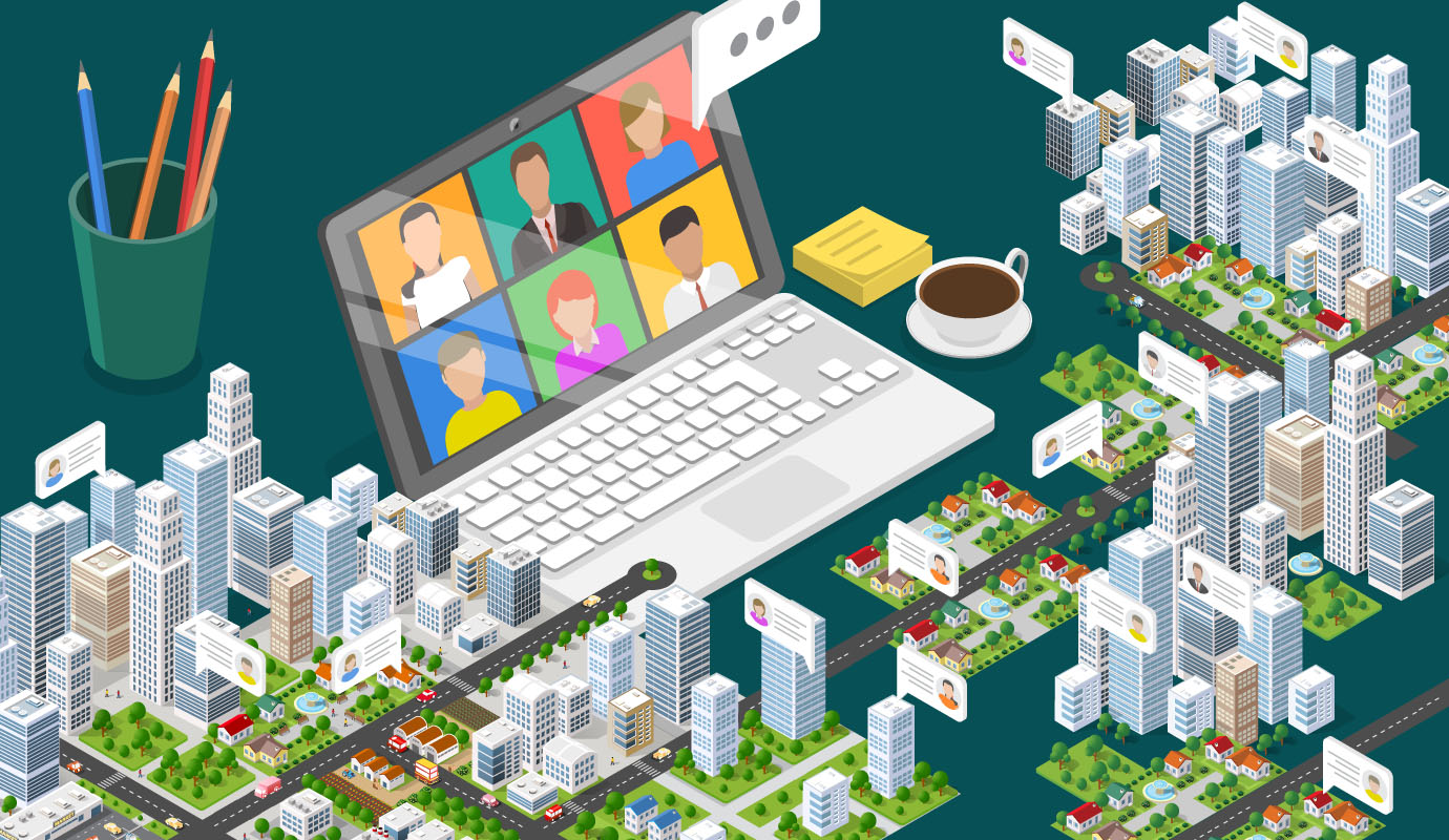Illustration of a work desk with small skyscrapers