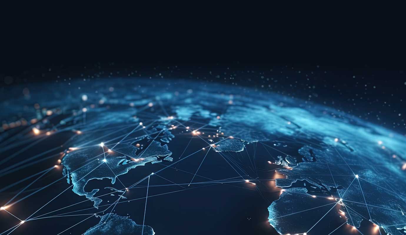 Illustration of the earth at night illuminated by an interconnected network